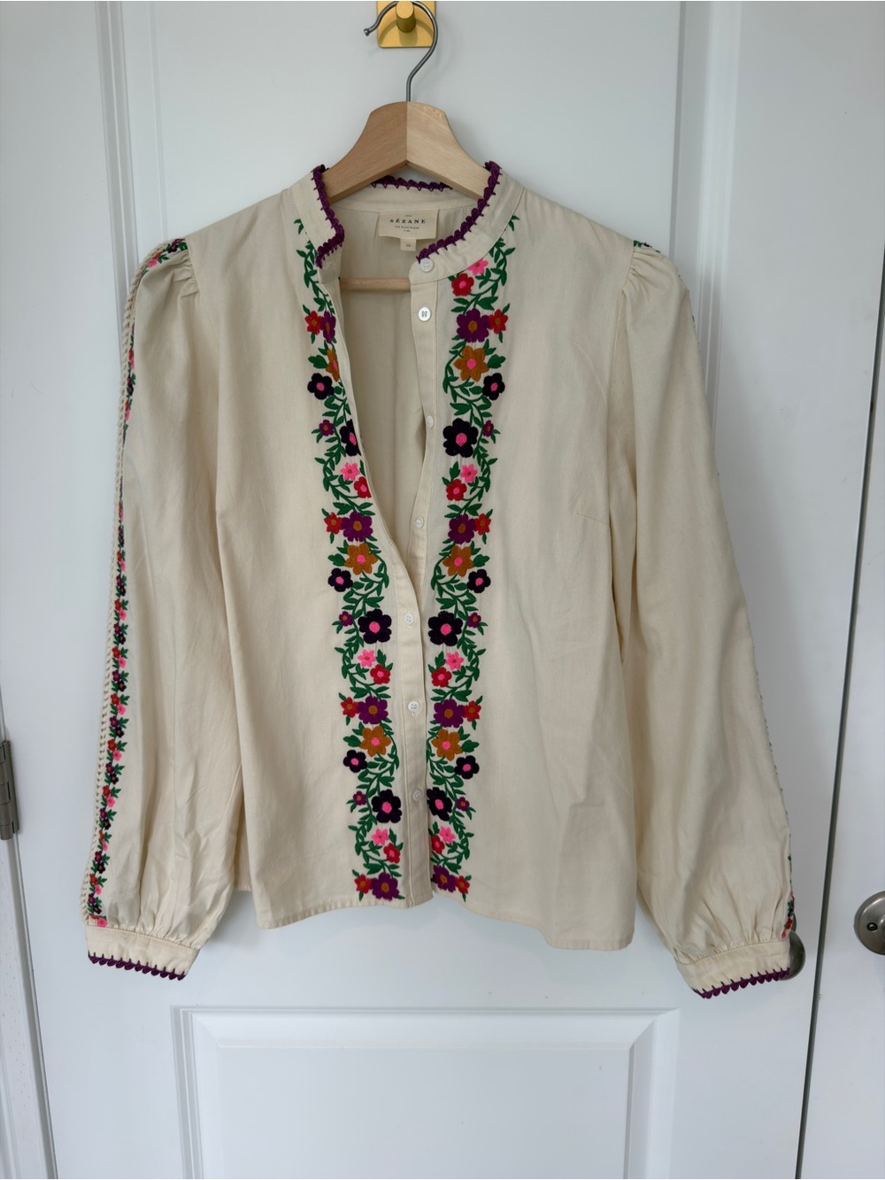 Sézane Cream Floral Embroidered Button-Up with Purple Trim Sidonia blouse